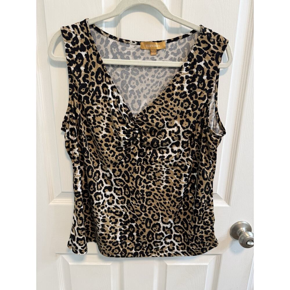 Ellen Tracy XL Sleeveless Black Gold Animal Print Top Gathered V-neck Stretch
